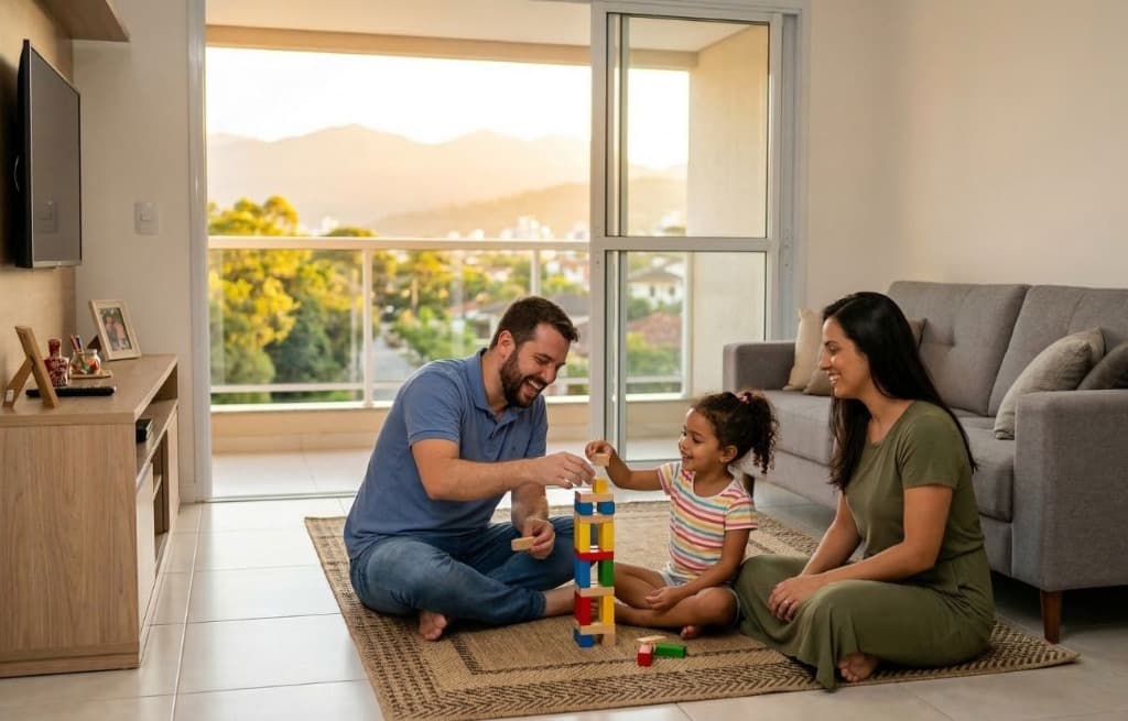 Família jogando blocos na sala do apartamento da F2M Incorporadora